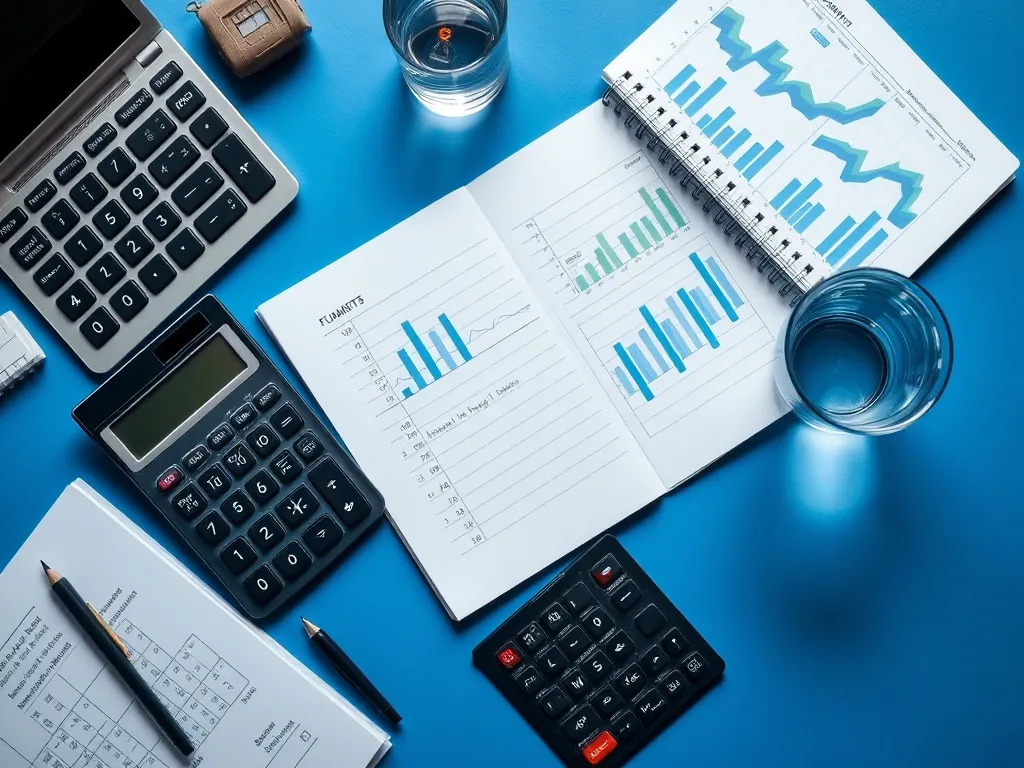 A professional organized desk with a calculator, a notebook
