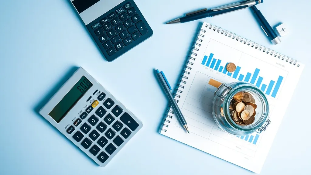 A professional overhead shot of a clean desk with a calculat