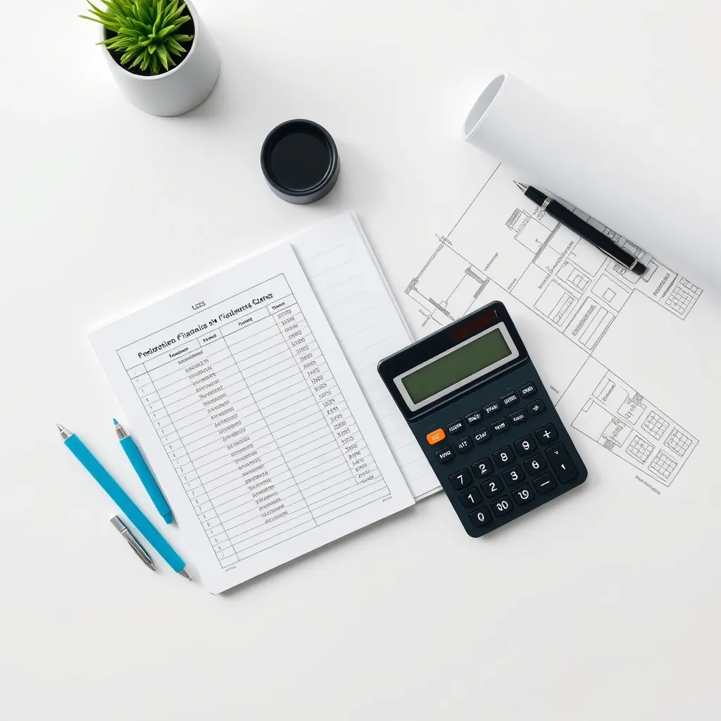 A professional, clean overhead shot of a financial ledger, a